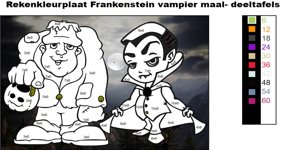 Rekenkleurplaat tafels thema Halloween Frankenstein vampier