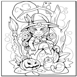 kleurplaat halloween heks op pompoen