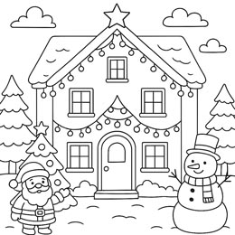 kleurplaat huis met kerstverlichting