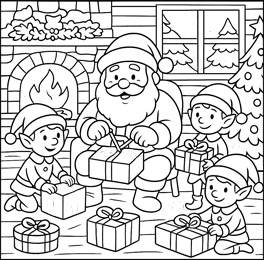 kleurplaat de Kerstman die smaen met de elfjes pakjes maakt