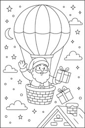 kleurplaat van de Kerstman in een luchtballon