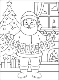 kleurplaat Kerstman die woonkamer versiert voor het kerstfeest