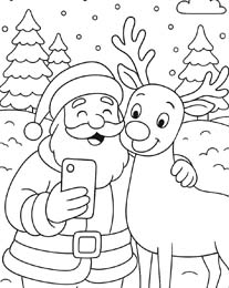 kleurplaat kerstman neemt selfie met rendier Rudolf