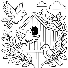kleurplaat lente vogelhuisje
