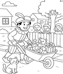 kleurplaat Zwarte Piet met kruiwagen vol cadeautjes