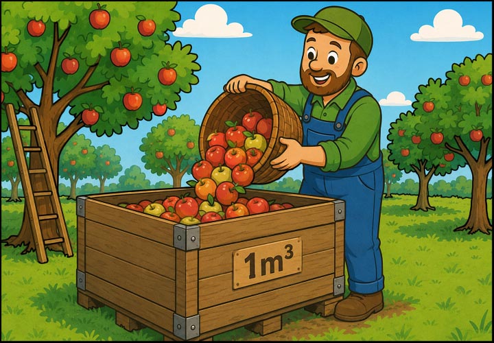 fruitboer dropt geplukte appels in kist