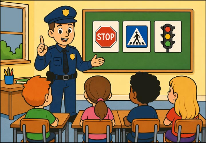 agent geeft verkeersles in de klas